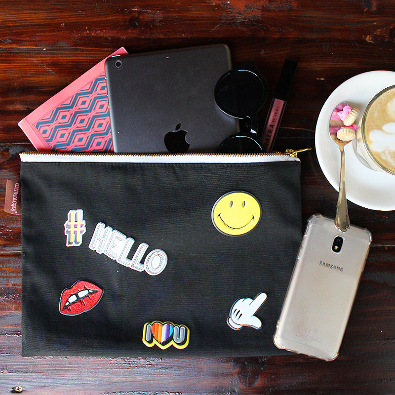 No Sew DIY - Customize a plain black pouch with some fun stickers!